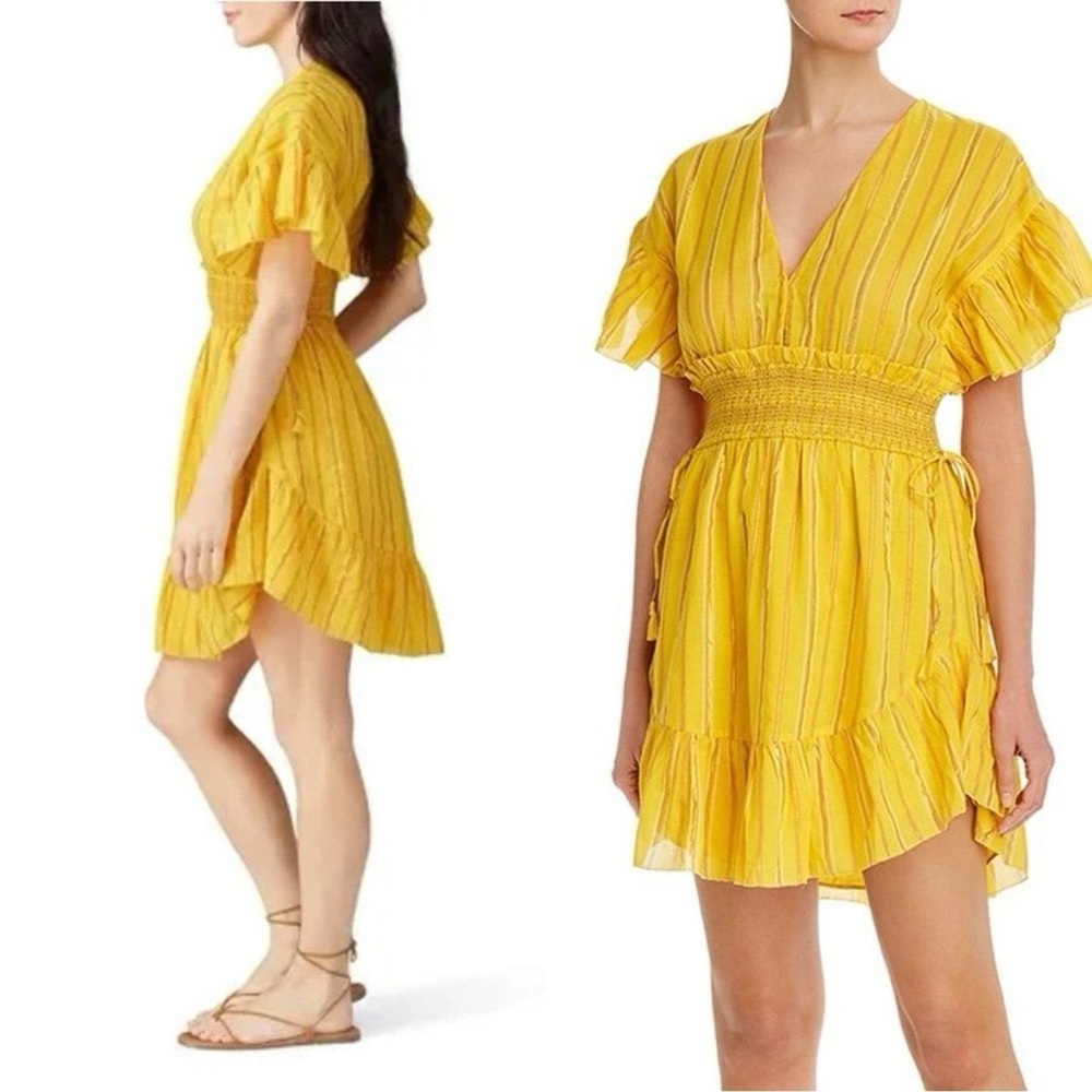 Saylor Adrianne Ruffle-Sleeve Yellow Stripes Smocked Spring Mini Dress Size S